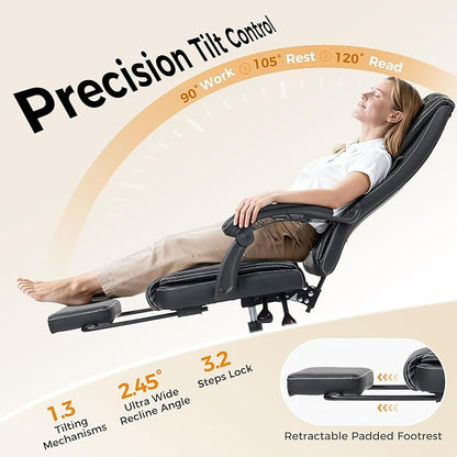 Office Chair with Footrest, Executive Breathable Leather Office Desk Chair with Lumbar Support - Ergonomic Comfy Wide Reclining Swivel Rolling Gaming Computer Chair with Adjustable 90-135° High Back