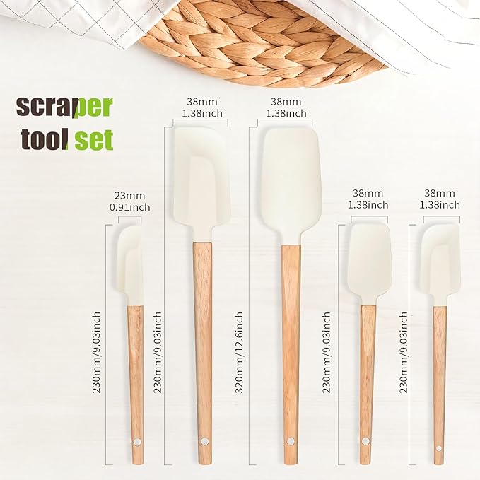New Year Healthy Cooking, Non-Stick Rubber Scraper Set of 5 Pieces - Food Grade Silicone Scraper, Soup Spoon Scraper, Baking Cooking Mix Frosting Scraper - 600°F Heat Resistant (Cream White)