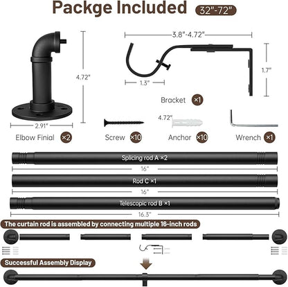 Zeerobee Curtain Rods for Windows 32 to 72, 1 Inch Industrial Wrap Around Black Curtain Rod, Indoor/Outdoor Room Divider Adjustable Drapery Pole, 32"-72"