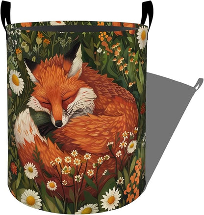 Sleeping Red Fox in Wildflowers Laundry Basket with Handles, 19.7"x15.7" Clothes Foldable Laundry Hamper Organizer for Dorm Nursery Bedroom Bathroom Decor, Toy Storage Bin for Kids