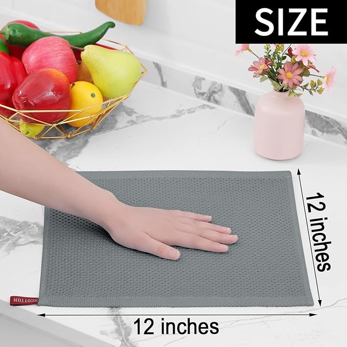 Homaxy 100% Cotton Waffle Weave Kitchen Dish Cloths, Ultra Soft Absorbent Quick Drying Dish Towels, 12 x 12 Inches, 18-Pack, Grey