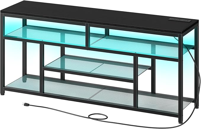HOOBRO LED TV Stand with Charging Station, 4-Tier Entertainment Gaming Center, Modern Media Console Table, Open Shelves, 55.1"L x 13.8"W x 26.2"H, for TVs up to 65", for Living Room, Black BB47UDDS01
