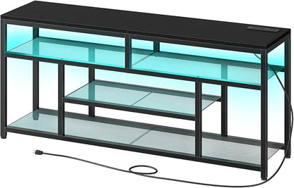 HOOBRO LED TV Stand with Charging Station, 4-Tier Entertainment Gaming Center, Modern Media Console Table, Open Shelves, 55.1"L x 13.8"W x 26.2"H, for TVs up to 65", for Living Room, Black BB47UDDS01