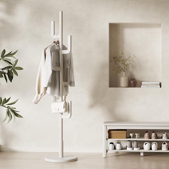 Solid Wood Cactus Coat Rack, Freestanding Coat Rack With 6 L-Shaped Hooks and 3 Adjustable Sizes, Coat Tree for Bedroom, Entryway, Livingroom, Coat Hanger Stand for Coats, Handbags (White)