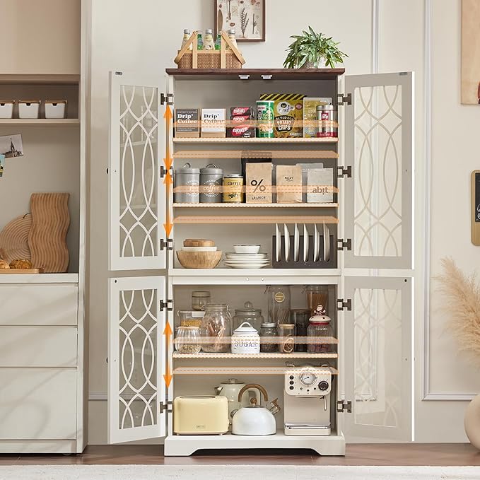 67" Tall Pantry Cabinet, Vintage Kitchen Pantries Cabinets with Glass Doors & Adjustable Shelves, Freestanding Wood Cupboard with Large Storage for Dingning Room,Bathroom,Antique White
