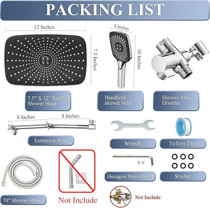 12 Inch Rain Shower Head with Handheld Spray Combo and Extention Arm, High Pressure Rainfall Waterfall Shower Heads, Dual Showerhead with 3-Way Diverter - Height/Angle Adjustable(Chrome)