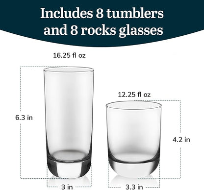 Libbey Drinking Glasses Polaris Tumbler and Rocks Set of 16, Clear, Sturdy Drinkware Glasses Set, Kitchen Glassware for Cocktails, Soda, and More