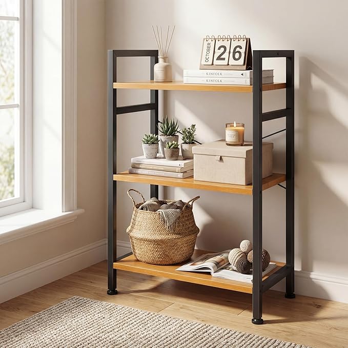 DUMOS 3 Tiers Bookshelf, Classical Book Shelf, Tall Display Shelves in Living Room/Home/Office, Storage Organizer for CDs/Books/Movies, Wood