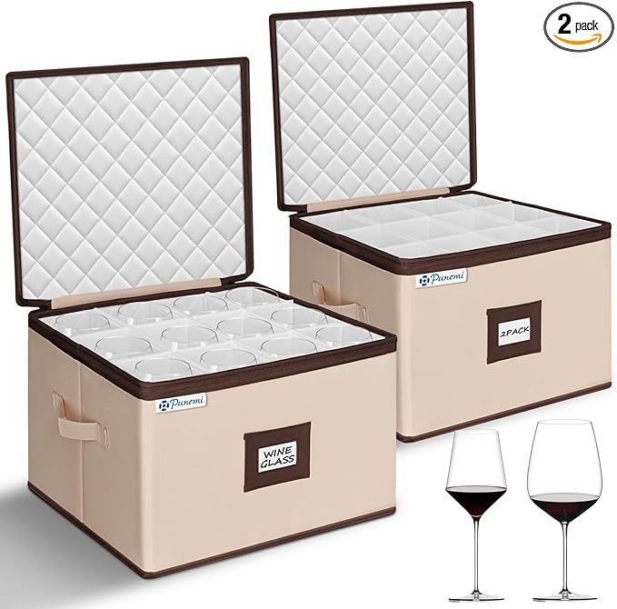 punemi Wine Glass Storage Box, Stemware Storage Case with 12 Padded Dividers, Hard Shell Support & Dustproof Lid, Stackable Glassware Containers for Wine Glasses, Goblets, Beige, 2 Pack