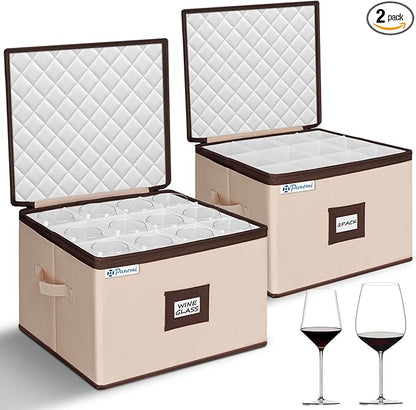 punemi Wine Glass Storage Box, Stemware Storage Case with 12 Padded Dividers, Hard Shell Support & Dustproof Lid, Stackable Glassware Containers for Wine Glasses, Goblets, Beige, 2 Pack