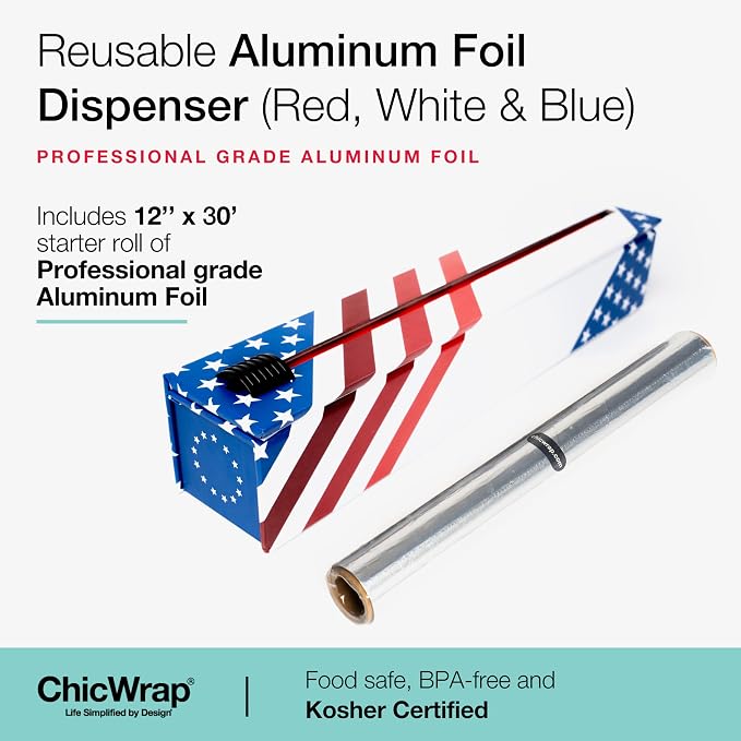 ChicWrap Red, White and Blue Refillable Foil Dispenser - One 12"x 30' Roll of Professional Grade Aluminum Foil - Reusable Dispenser w/Slide Cutter - Kosher Certified - Reduces Waste & Saves Money
