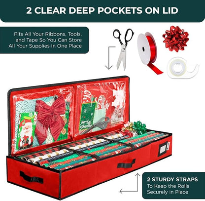 HOLDN' STORAGE Premium Wrapping Paper Storage Container - Durable 600D Tear-Proof, Fits 27 Rolls Gift Wrap, Extra Pockets for Ribbons & Bows, Underbed Storage - Ideal for Holiday Christmas, Red/Black Trim