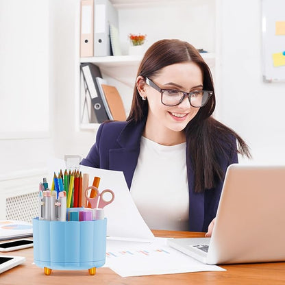 360 Degree Rotating Pen Holder for Desk, 6 Slots Desktop Organizer Caddy for Pens, Pencils, Markers, Multi-Functional Pencil Cup & Office Supplies Holder, Blue