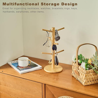 Bamboo Mug Tree for Counter, 6 Hooks Detachable Coffee Mug Holder, Decorative Mug Racks for Coffee Bar Organizer