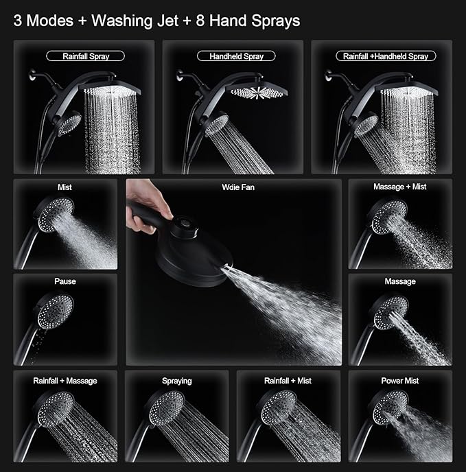 BOZYBO Rain Shower Head with Handheld: High Pressure Shower Heads with Handheld Spray Combo, 12" Rainfall Shower Head and 9 Sprays Hand Showerheads with Magnetic Docking and Power Jets, Black 1.75GPM