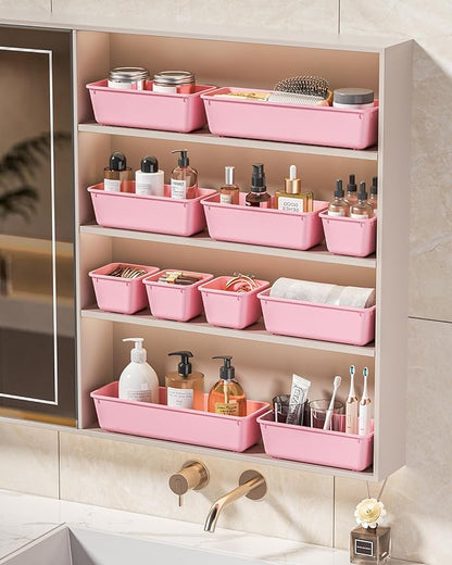 KEMETHY 25 PCS Plastic Drawer Organizers Set, 4 Sizes Vanity Organizer, Makeup and Desk Drawer Organizer Trays, Organization and Storage for Makeup, Bathroom, Kitchen Utensils and Office (Pink)
