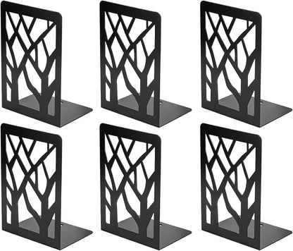 MaxGear Book Ends Tree Design Modern Bookends for Shelves, Non-Skid Bookend, Heavy Duty Metal Book Stopper for Books/CDs, Decorative Books Shelf for Home,7 x 4.7 x 3.5”, Black, 3 Pair/6 Pieces, Large