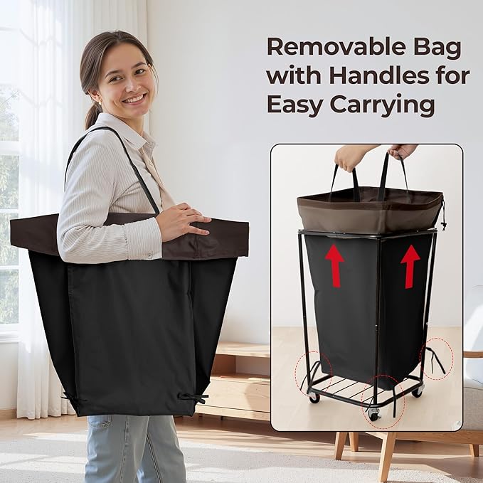 Cupic Cupid Laundry Hamper with Wheels, Rolling Laundry Basket, Dirty Clothes Cart for Laundry Room Organization and Storage, Bathroom, Bedroom, Black