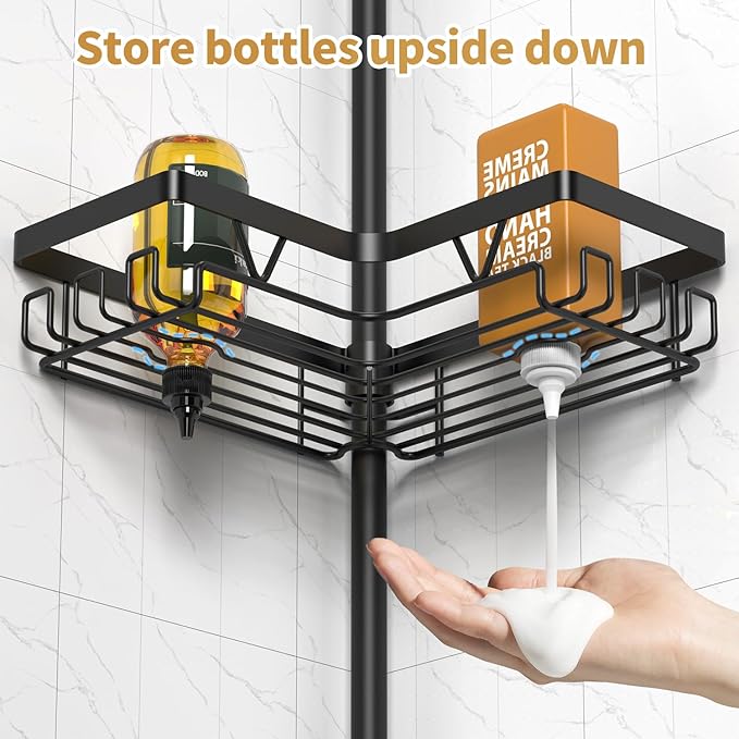 DAOYA Adjustable Tension Pole Shower Caddy, 5-Tier Stainless Steel Shower Shelf Organizer with 2 Movable Toothbrush Holders, 25-115 Inches Extendable Bath Tub Conner Storage Shelf for Family, Black