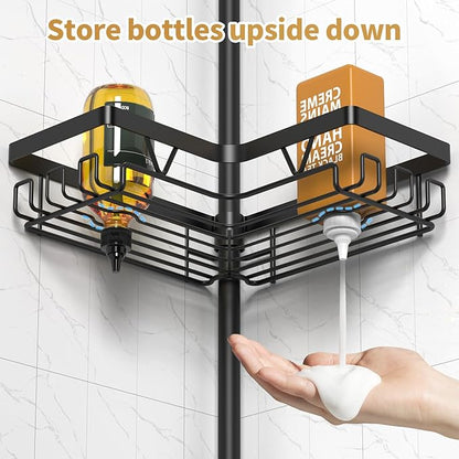 DAOYA Adjustable Tension Pole Shower Caddy, 5-Tier Stainless Steel Shower Shelf Organizer with 2 Movable Toothbrush Holders, 25-115 Inches Extendable Bath Tub Conner Storage Shelf for Family, Black