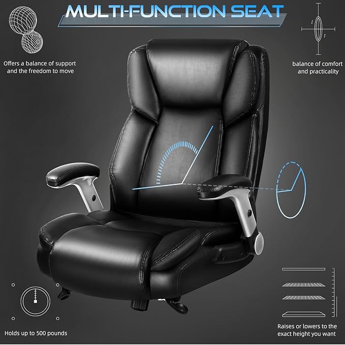 VITESSE Large Heavy Duty Office Chair 600lbs with Flip up Armrest, Big and Tall Chair with Ergonomic Lumbar Support, Leather Office Chair for Heavy People with Quiet Rubber Wheel (Black)