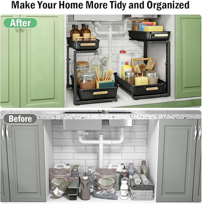 ARSTPEOE Under Sink Organizer - 2 Packs Multi-Purpose Pull-Out Storage Organizers, Slide out Pull out Metal Cabinet Organizer Shelf, Storage for Kitchen Bathroom, Black