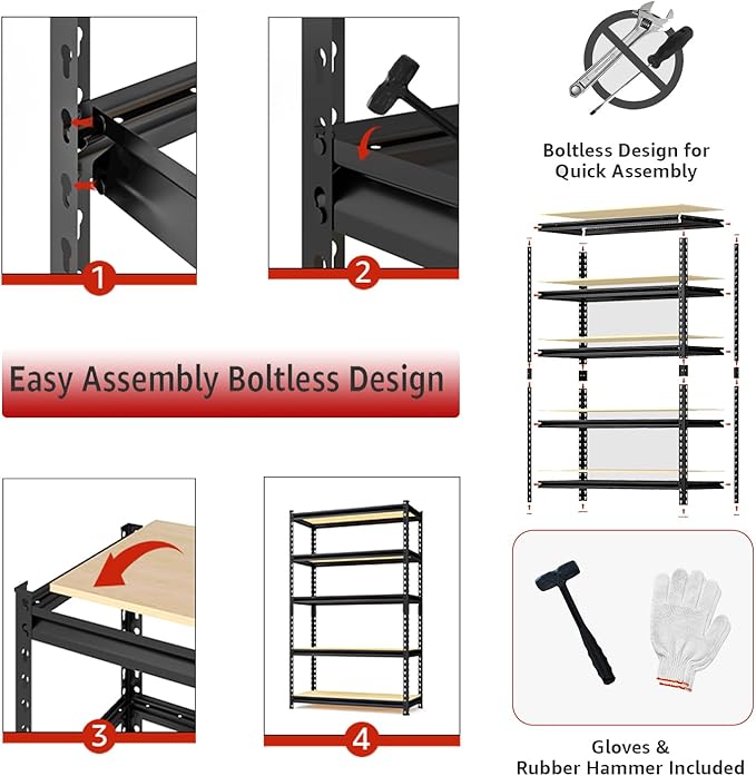 60" H x 28.03" W x 12" D Utility Shelves for Kitchen Pantry: 5-Shelf Storage-Rack Adjustable Metal+Wood Steel Stand Closet/Garage Shelving Unit Organizer System for Basement, Small (Black)