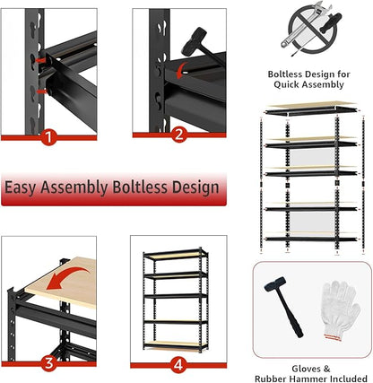 60" H x 28.03" W x 12" D Utility Shelves for Kitchen Pantry: 5-Shelf Storage-Rack Adjustable Metal+Wood Steel Stand Closet/Garage Shelving Unit Organizer System for Basement, Small (Black)