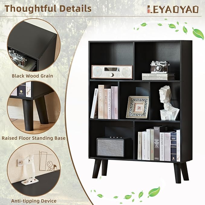LEYAOYAO 7 Cube Black Bookshelf, 3 Tier Modern Bookcase with Legs, Wood Cubeicals Organizer Storage Open Shelves, Retro Display Book Shelf, Freestanding Short Book case for Bedroom,Living Room,Office