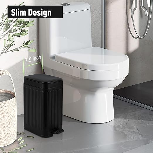 rejomiik Small Bathroom Trash Can with Lid Slim Soft Close Garbage Can Step Wastebasket Container Trash Bin for Office Bedroom Kitchen Living Room (1.9 Gallon Black)