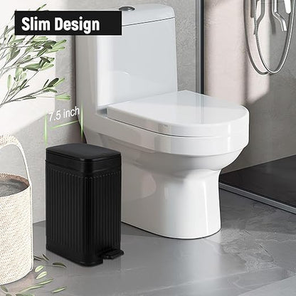 rejomiik Small Bathroom Trash Can with Lid Slim Soft Close Garbage Can Step Wastebasket Container Trash Bin for Office Bedroom Kitchen Living Room (1.9 Gallon Black)