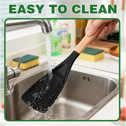 2PCS Cedar and Ash Spoon, Multifunction Nonstick Cookwares Spatula Cooking Spoon, Matte Silicone, Wood Handle Spoon for Mixing, Scoop, and Scrape (Black)
