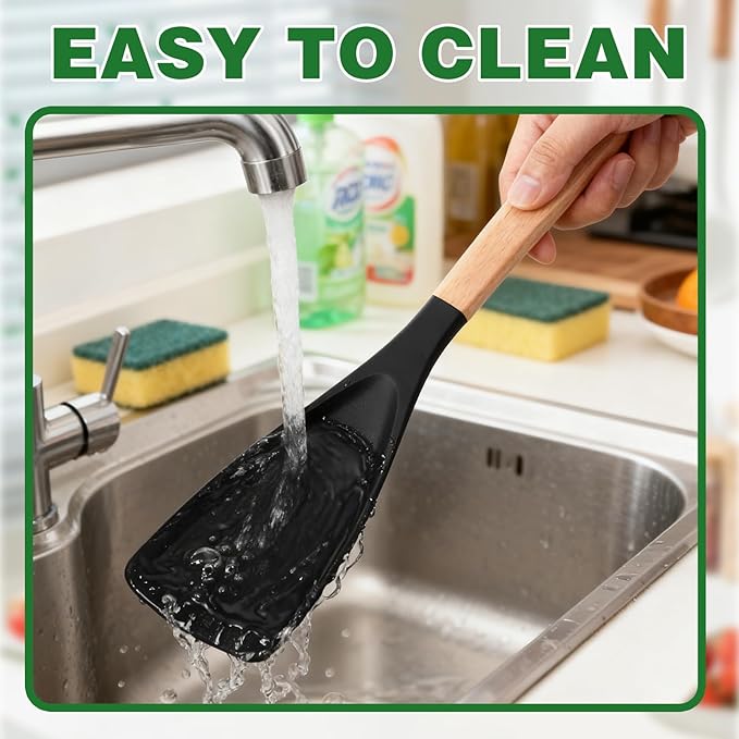 2Pcs Cedar and Ash Spoon, Cedar and Ash Multi Cooking Spoon for Nonstick Cookingwares, Multifunction Spatula Spoons Silicone Heat Resistant, Wood Handle Spatula for Mixing, Scoop, and Scrape (Black)
