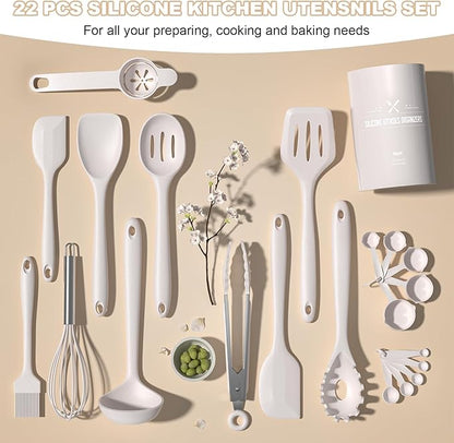 Kitchen Utensils Set, Umite Chef 22Pcs Silicone Cooking Utensils Set, Heat Resistant Silicone Kitchen Spatulas Set with Holder, White Cooking Gadgets Tools Set for Nonstick Cookware, Dishwasher Safe