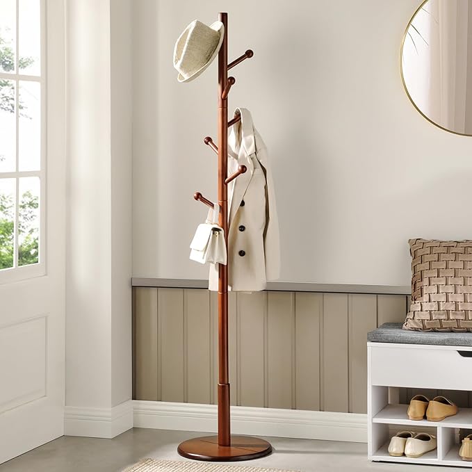 VASAGLE Solid Wood Coat Rack, Free Standing Hall Coat Tree with 7 Hooks, 3 Height Options, for Coats, Hats, Bags, Purses, for Entryway, Hallway, Rubberwood Hooks and Pole, Dark Walnut URCR07WN