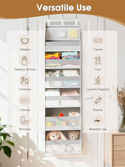 Criusia Over The Door Organizer, Heavy-Duty 6-Shelf Hanging Storage with 13 Mesh Pockets, 55lbs Capacity Behind The Door Storage for Nursery, Bathroom, Bedroom, and Dorm, Grey