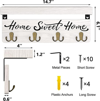 buways Wall-Mounted Key and Mail Holder, Wooden Key Rack with 4 Double Key Hooks, Rustic Home Decor for Entryway(White)