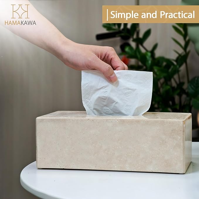 HAMAKAWA Natural Marble Tissue Box Cover, Beige Tissue Organizer L 10 x W 5.5 x H 3.5 Inch, Heavy Stone Decorative Box, Square Tissue Box Holder for Home Decor, Kitchen, Bathroom