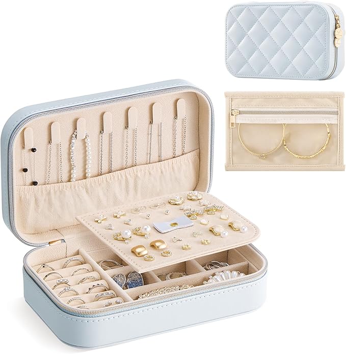 Lolalet Travel Jewelry Case for Women Girls, Travel Jewelry Organizer with Clear Storage Bag Small Portable Jewelry Box for Necklace Bracelet Earring Ring Valentines Bridesmaid Gifts -Medium/Blue