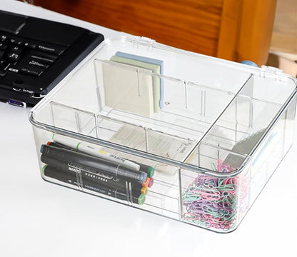 ZEXALOR Plastic Clear Storage Containers, Set of 2, Sock Organizer Divided Boxes with Lids, Underwear Drawer Organizer, Tie Dresser Organizer (11.8×9.4×3.9")