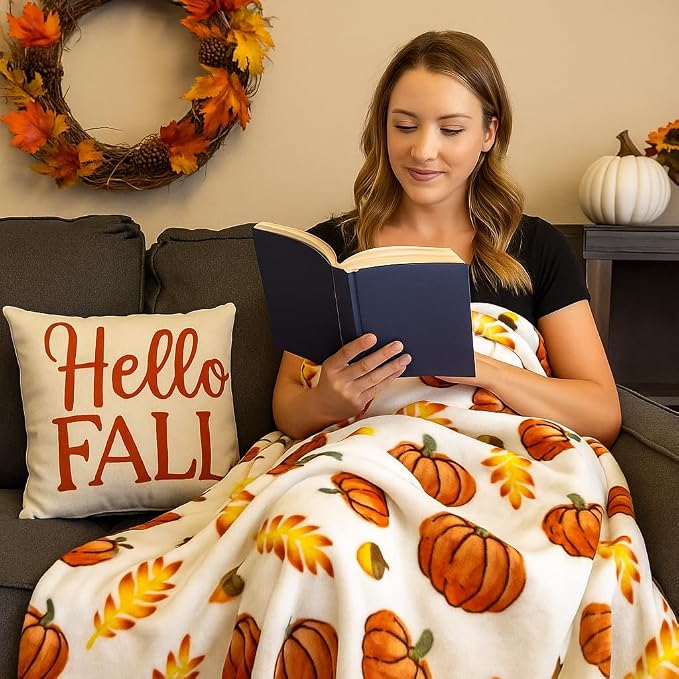 Home Decor Farmhouse Fall Fleece Throw Blanket: Harvest Pumpkins Leaves and Wheat on Velvet Fleece, Oversized Measures 70" inches x 50" inches