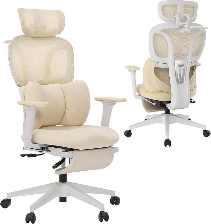 CabLady S1 Petite Ergonomic Office Chair Design with Detachable Pillow Lumbar Cushion, Coat Hanger, 2D Headrest & PU Armrests, Cloud Seat & Footrest Cute Desk Chair for Women Girls