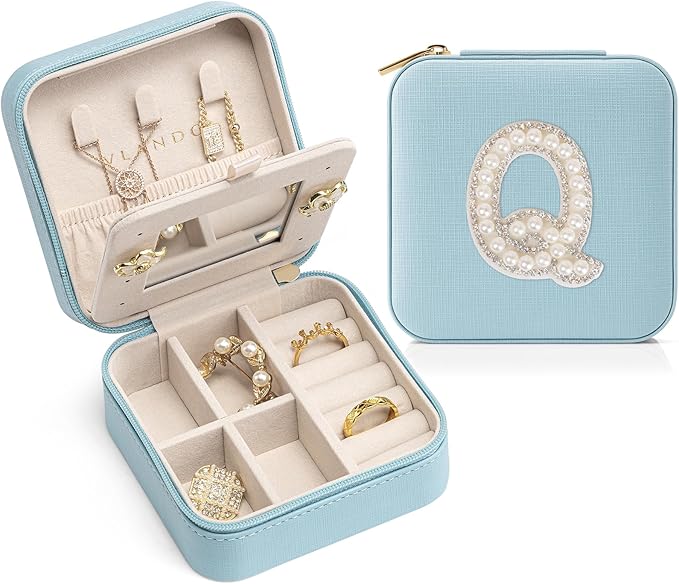 Vlando Jewelry Organizer Box, Small Jewelry Box for Women Girls, Initial P Travel Jewelry Case, Small Jewelry Organizer Box, Jewelry Box Organizer Mini Travel Jewelry Box - Letter Q, Blue