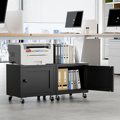 Small Printer Stand with Storage, Home Office Printer Table for Small Spaces, Under-Desk 3D Printer Stand with Wheels, for Office Copier and Fax Machine, Black