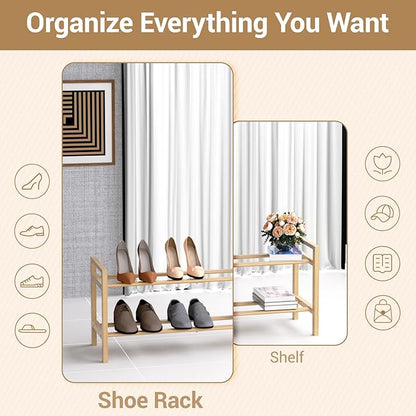 Haddockway Bamboo Shoe Rack for Closet, Free Standing Shoe Organizer with Smooth Round Rods & Convenient Handles, Stackable Shoe Storage Shelf for Entryway, Hallway(Natural, 2-Tier)
