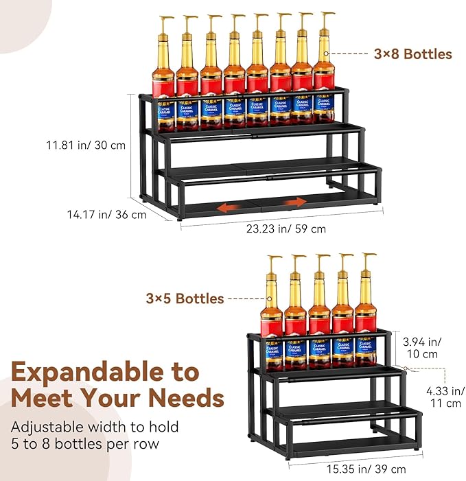 Nuovoware Expandable Coffee Syrup Organizer, 3-Tier Syrup Rack Holds 15-24 Bottles, Adjustable Width Carbon Steel Coffee Bar Organizer for Countertop Kitchen Bar, Liquor Dressing Seasoning, Black
