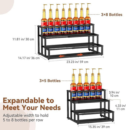 Nuovoware Expandable Coffee Syrup Organizer, 3-Tier Syrup Rack Holds 15-24 Bottles, Adjustable Width Carbon Steel Coffee Bar Organizer for Countertop Kitchen Bar, Liquor Dressing Seasoning, Black