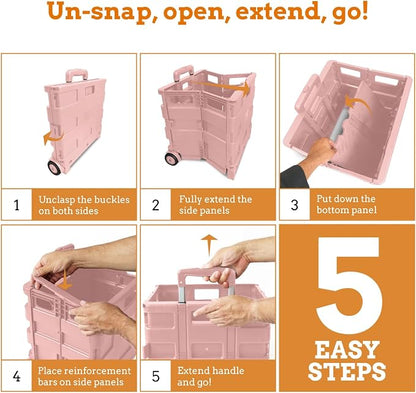 Inspired Living Ultra-Slim Rolling Collapsible Storage Pack-N-Roll Utility-carts, with Telescopic Handle, for Home, Garden, Shopping, Office, School use, Large, Raspberry Pink