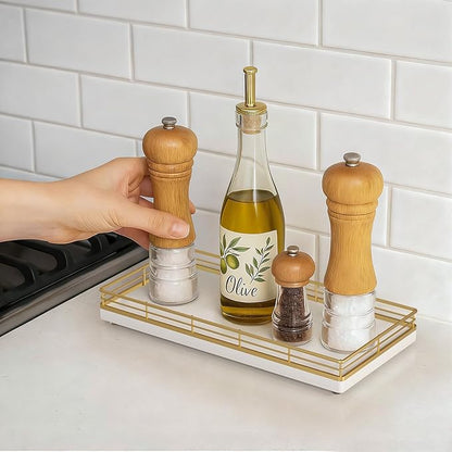 Bathroom Vanity Tray – 12" x 6" Oak Decorative Wooden Tray for Toilet Tank Organizer Wood Tray for Bathroom Countertop, Soap, Perfume & Accessories Storage, Vanity & Dresser Decor, Gold & White