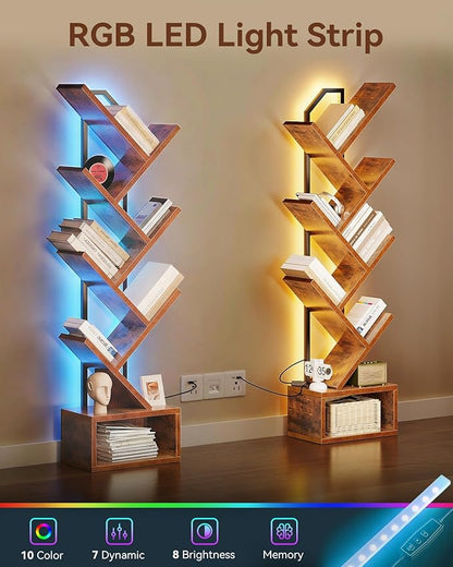 Casaottima Tree Bookshelf with LED Lights, 6-Tier Narrow Bookcase for Small Spaces, Tall Steel & Wood Storage Shelf with Cabinet, Home Decor & Organizer for Living Room/Bedroom/Home Office, Vintage